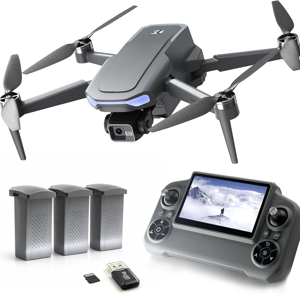 GPS Drone with EIS Camera — 3-Axis Gimbal, Screen Remote, 3 Batteries, MicroSD Reader