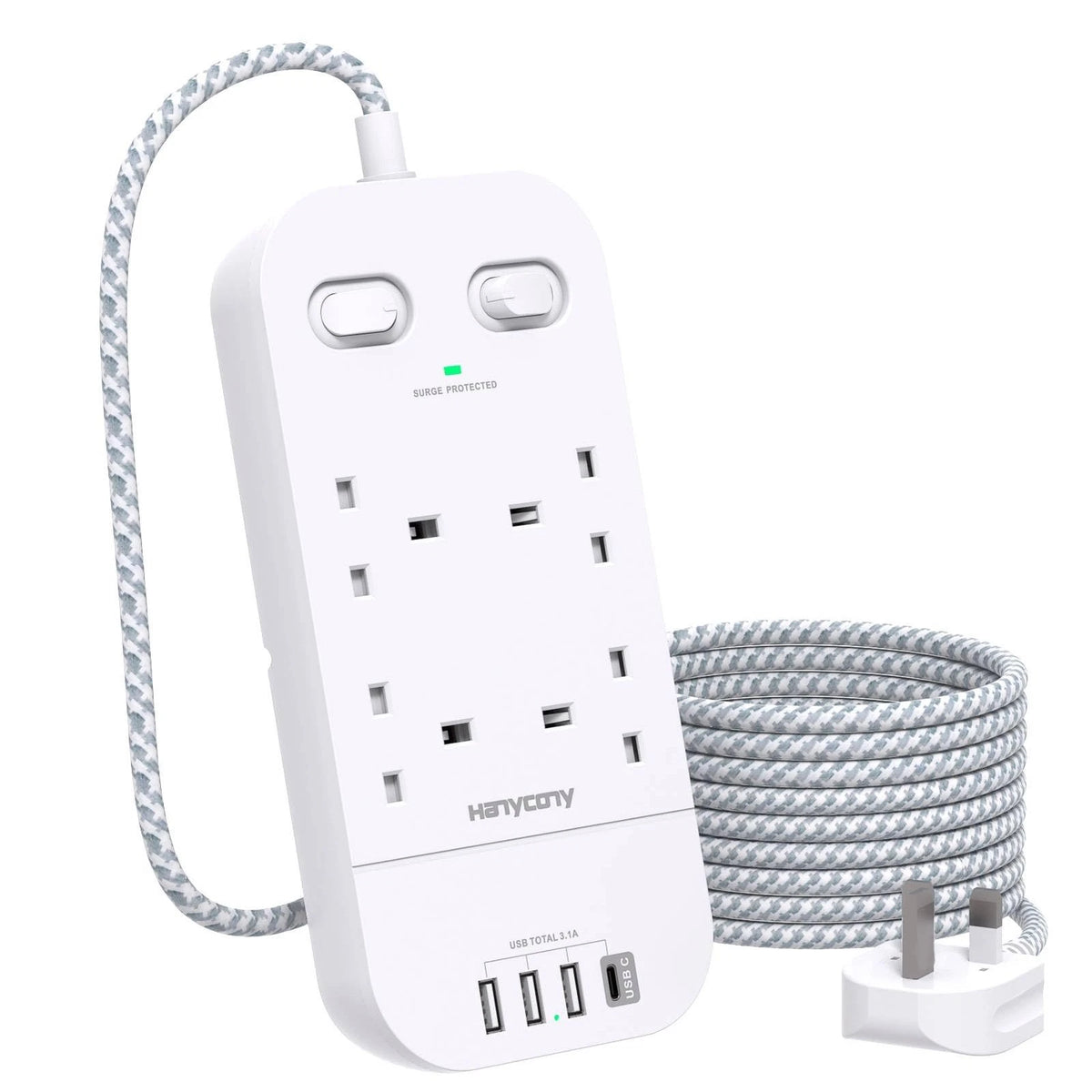 HANYCONY Surge Protector Power Strip, 8 Way, Double Switches, 4 USB Ports