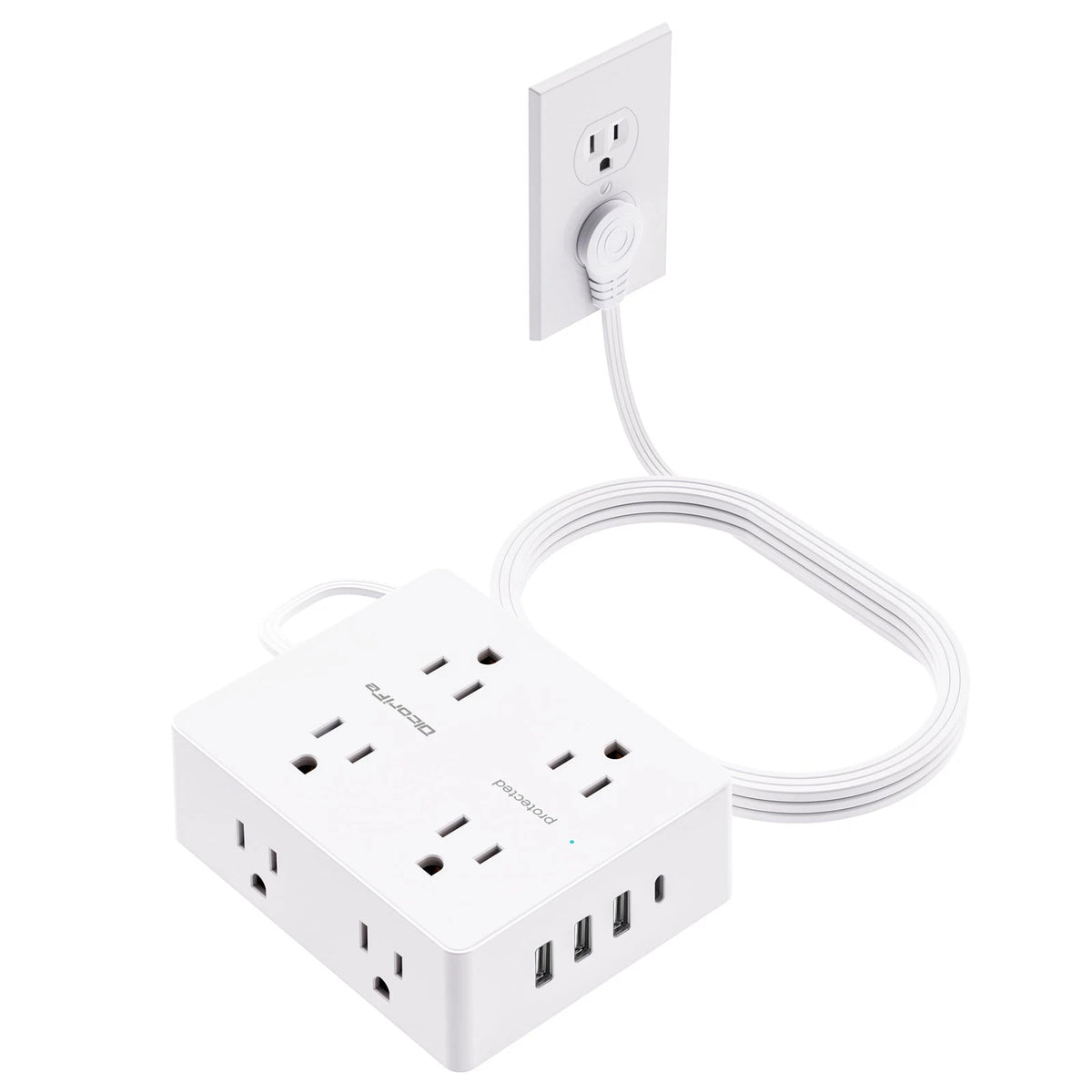 Olcorife Flat Plug Extension Lead, 8 Outlets, 4 USB Ports, Surge Protector