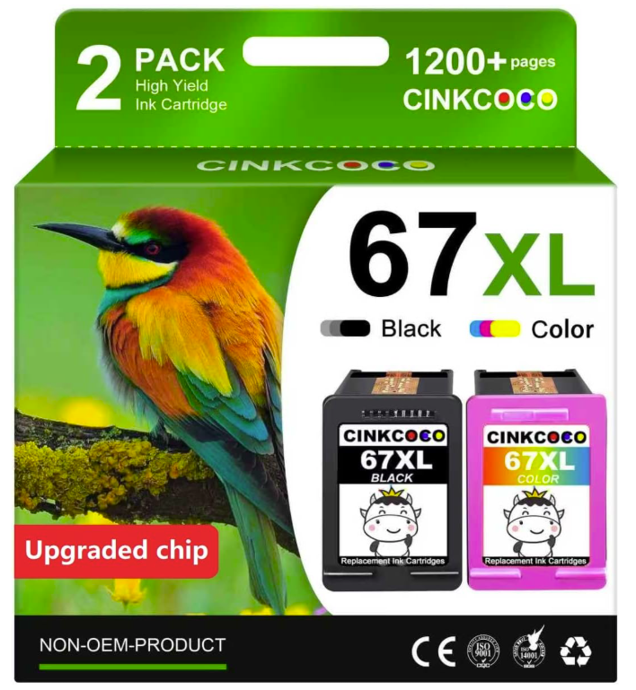 CINKCOCO 67XL Ink Cartridges, Black & Tri-Colour, 2-Pack (HP 67 Compatible)