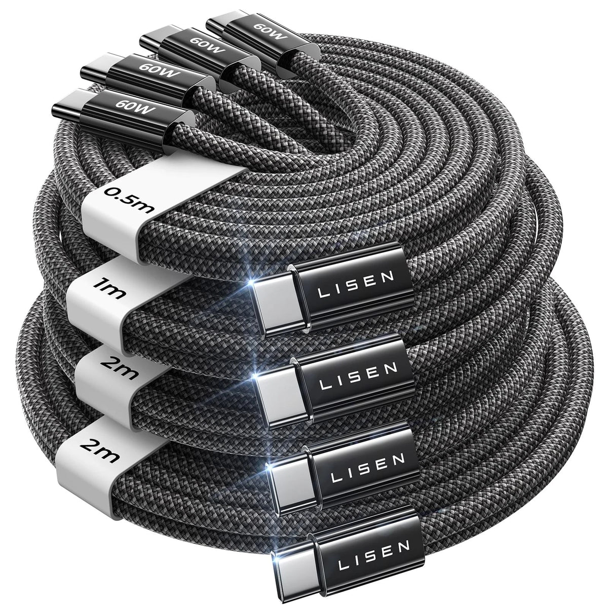 LISEN USB-C to USB-C Charging Cable, 60W, 4-Pack, for MacBook & Samsung